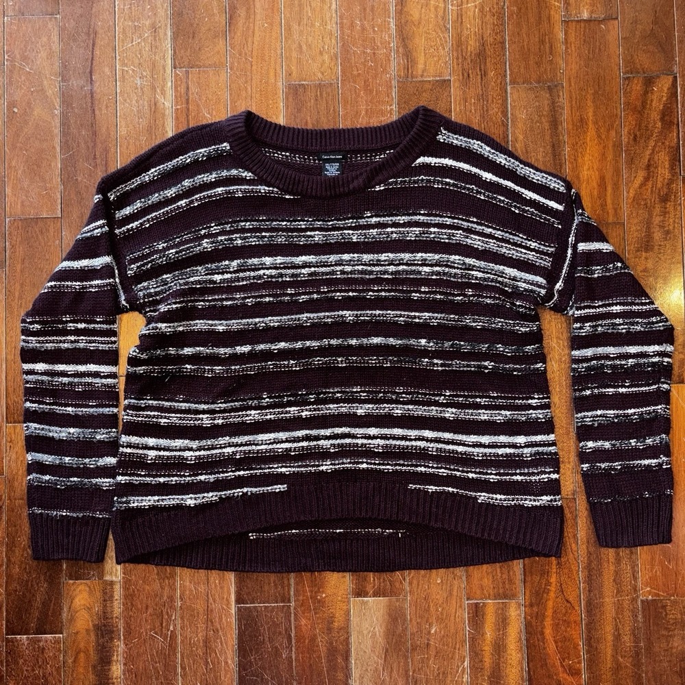 Calvin Klein Women Sweater Plum Striped Long Sleeve Scoop Neck Pullover Sz XXL